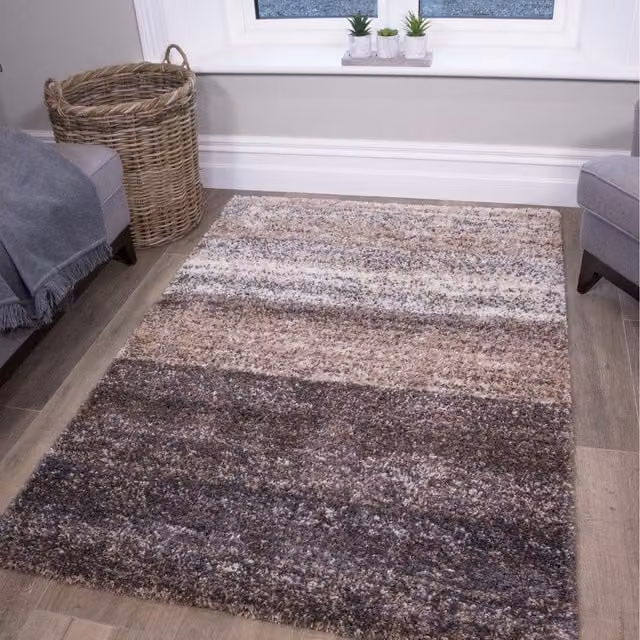 The Rug House Modern Striped Shaggy Area Rug in Beige and Brown, W: 170 cm, D: 120 cm