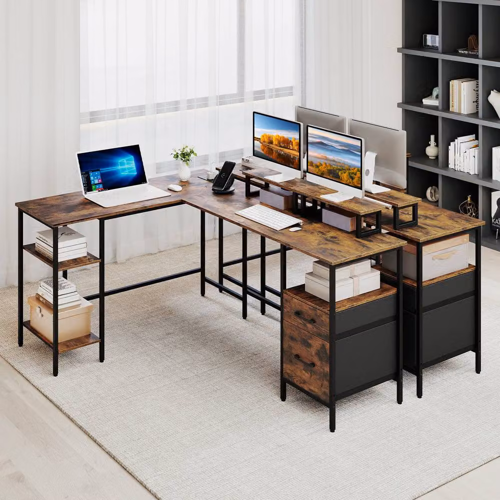 Costway L-shaped Reversible Corner Desk with Power Outlets in Brown – 3