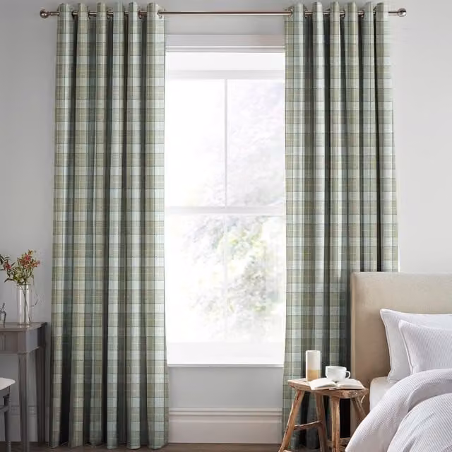 Laura Ashley Alfriston Made To Measure Blackout Eyelet Curtains in Green Checked Pattern