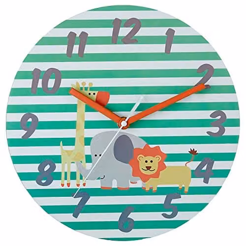 Premier Housewares Safari Kids Silent Round Wall Clock, Green, White and Orange, Dia: 25 cm