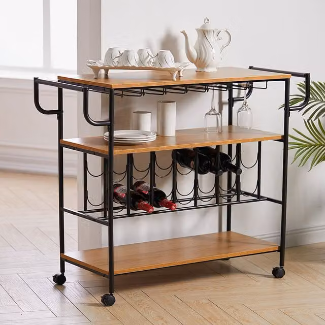 Livingandhome Industrial 4-Wheel Kitchen Trolley with Metal Frame and MDF Laminate Tiers, Brown, Height: 107 cm