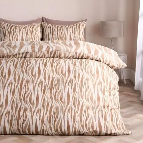 OHS Super King Reversible Watercolour Zebra Print Microfibre Duvet Cover and Pillowcase Set, Beige, W/D/H: 200 x 200 cm
