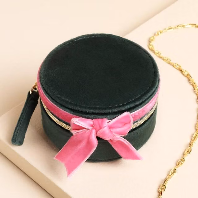 Lisa Angel Green and Pink Velvet Bow Mini Round Travel Jewellery Case – 1