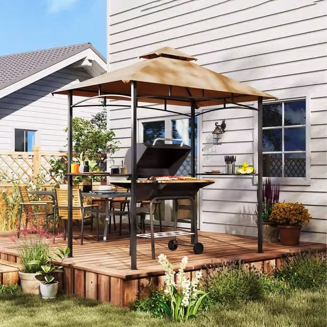 Outsunny 8ft Double Tier BBQ Gazebo in Beige and Brown with Steel Frame