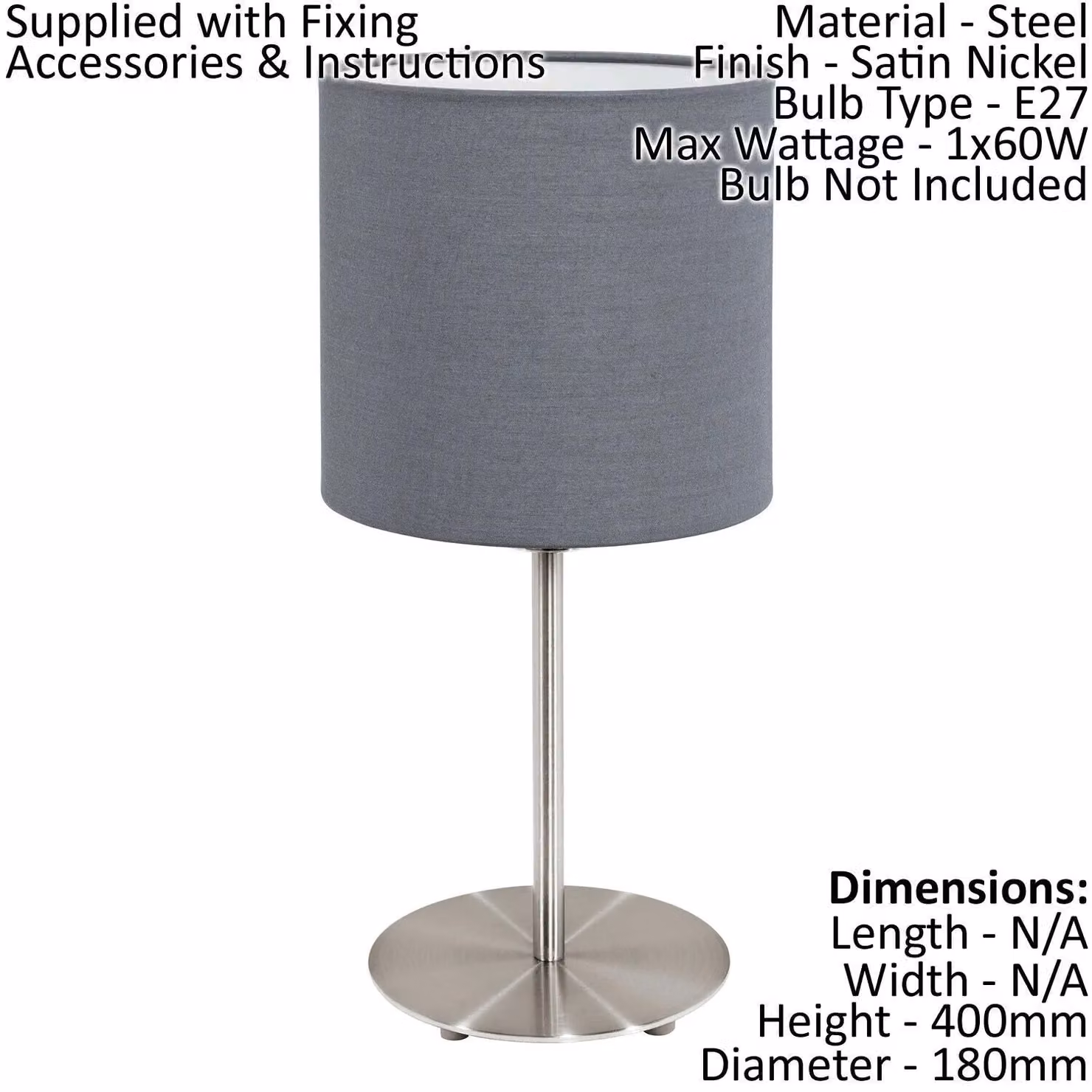 Loops 2 Pack Table Desk Lamps in Satin Nickel and Grey Fabric with E27 60W Bulb Holder – 2