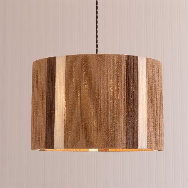 ValueLights Erica Stripe Pattern Rattan Wicker Drum Ceiling Lamp Shade with LED Bulb in Natural Brown and Beige