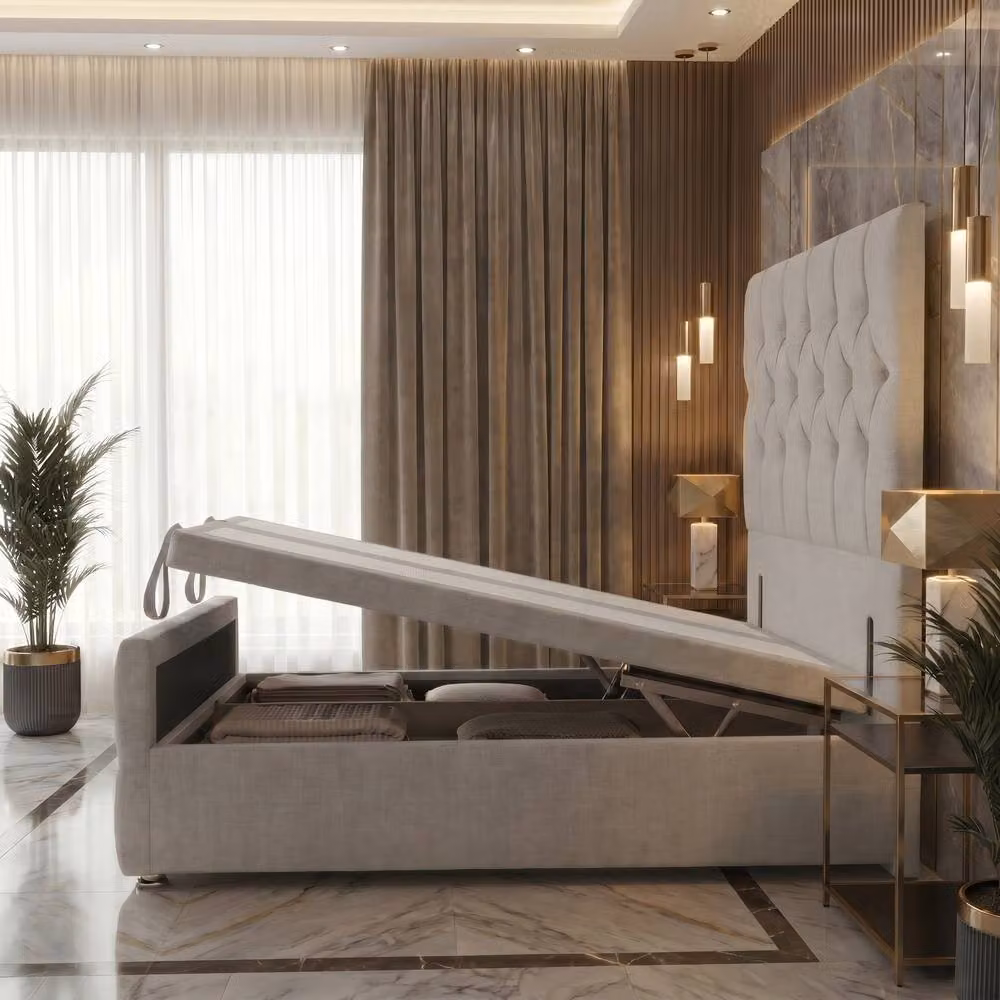 Somnior Ziggy Single Storage Ottoman Divan Base with 54 inch Headboard and 22 inch Footboard in Light Grey Linen Fabric, W/D/H: 90 x 190 x 90 cm – 2