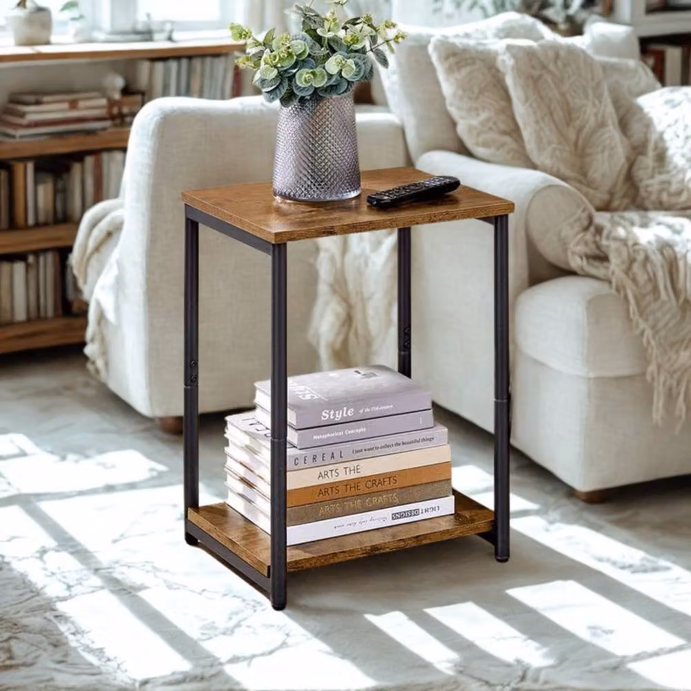 Pirlo Plush 2 Tier Side End Table with Black Steel Frame and Brown Composite Wood Tiers, W/D/H: 30 x 30 x 50 cm – 9