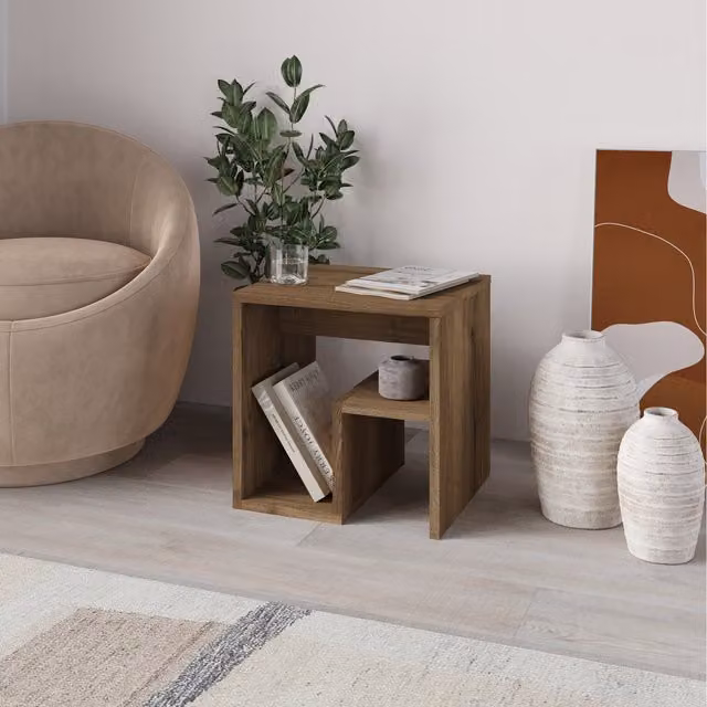 Decortie Modern Square Side Table in White and Brown Wood Effect