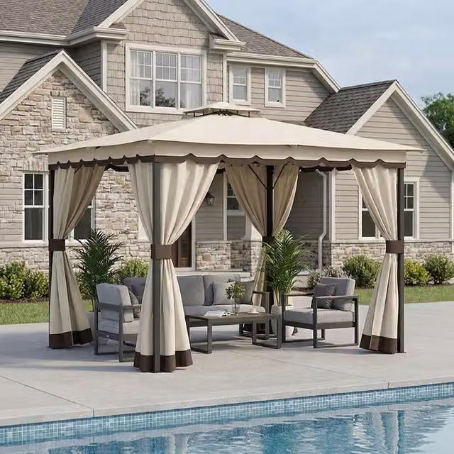 Breeins Tiered Roof Metal Frame Patio Gazebo with Curtains, Beige, 400 cm