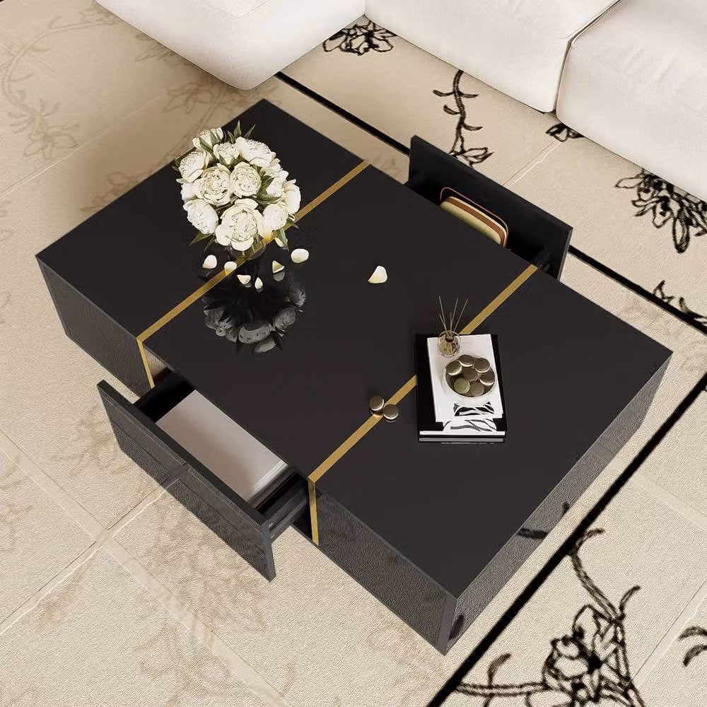 BTM Modern High Gloss Rectangular Coffee Table with Two Drawers in Black – 2