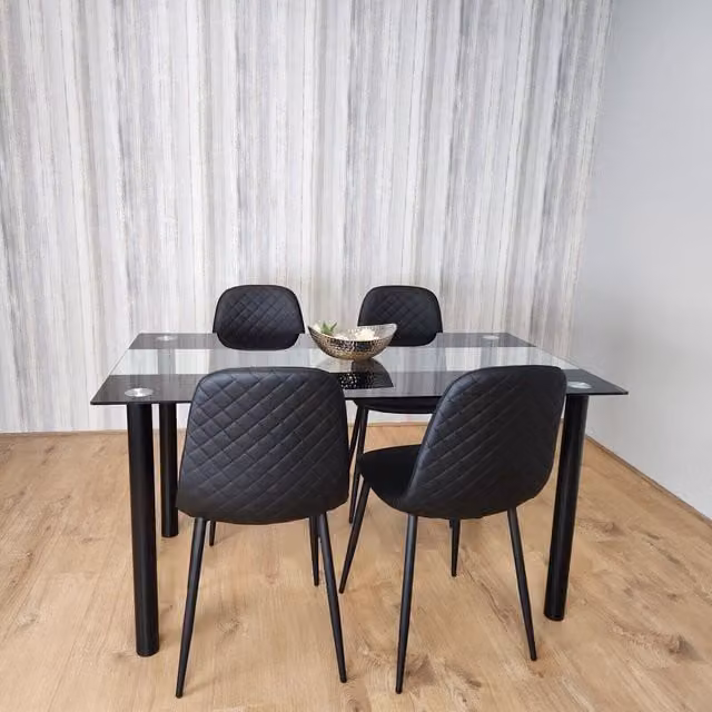 Kosy Koala Modern Round Glass Dining Table and Black Faux Leather Padded Chairs Set