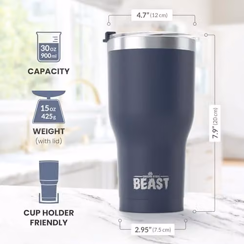 Greens Steel Beast Tumbler in Blue, 900 ml, Vacuum Insulated Stainless Steel Travel Mug with Lid and Straws – 6