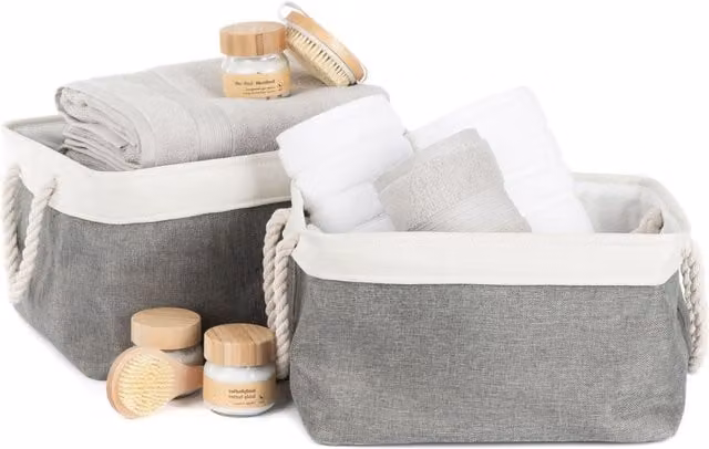 LIVIVO Set of 2 Grey Fabric Storage Baskets with Cotton Rope Handles, 32L Capacity