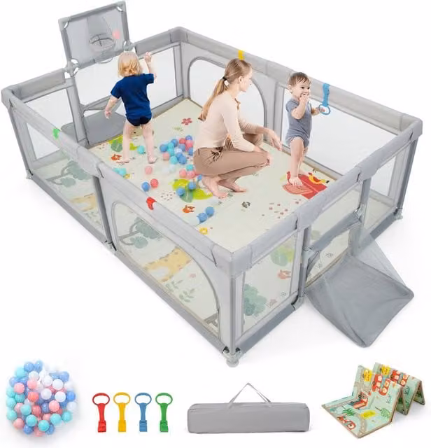 COSTWAY Large Rectangular Baby Playpen and Ball Pit with Mat in Grey