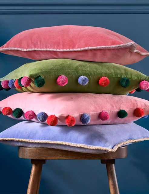 Bluebellgrey Pure Cotton Velvet Pom Pom Cushion, Green, W/D/H: 45 x 45 x 45 cm