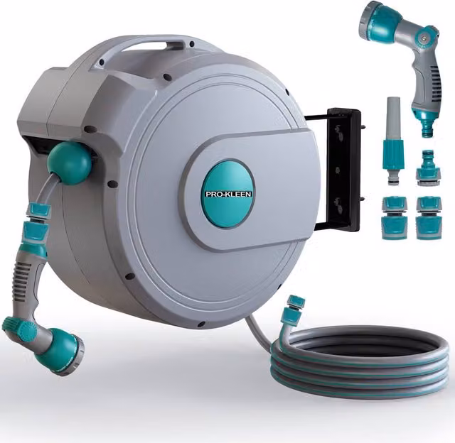 ProKleen Retractable Wall Mounted Garden Hose Reel with 10 Function Spray Gun, 20m, Grey – 1