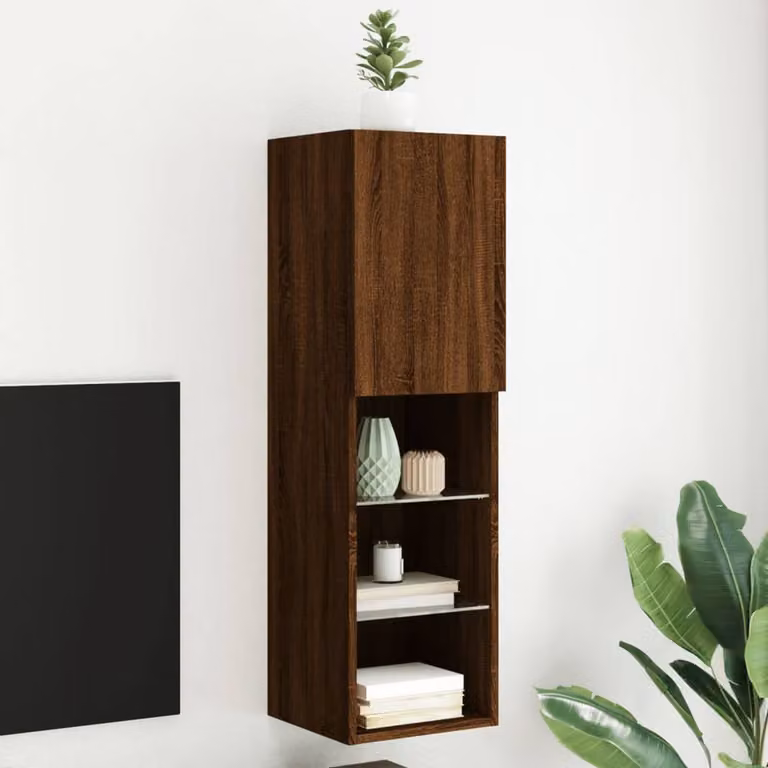 Berkfield Home Modern TV Cabinet with LED Lights in Brown Oak, W/D/H: 30.5 x 30.0 x 102.0 cm