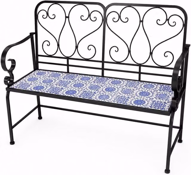 Shatchi Porto Mosaic 2 Seater Garden Bench with Black Metal Frame and Geometric Ceramic Tile Seat