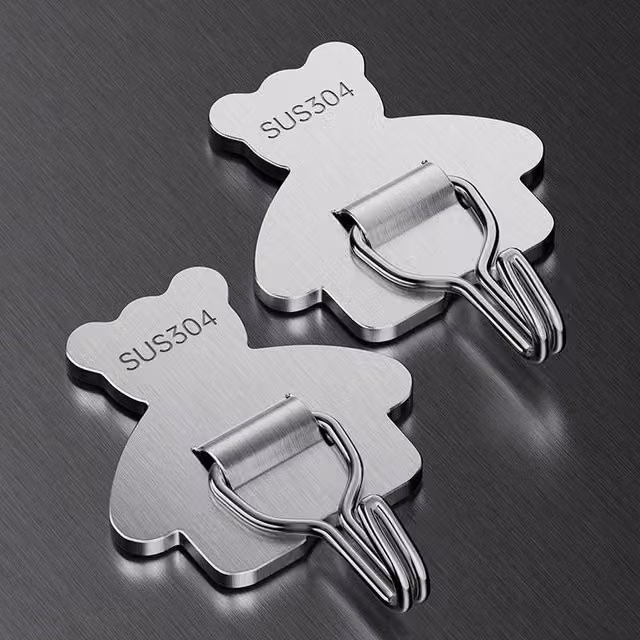 VOGREX 5-Piece Cute Bear Stainless Steel Waterproof Self-Adhesive Wall Hooks in Silver – 1