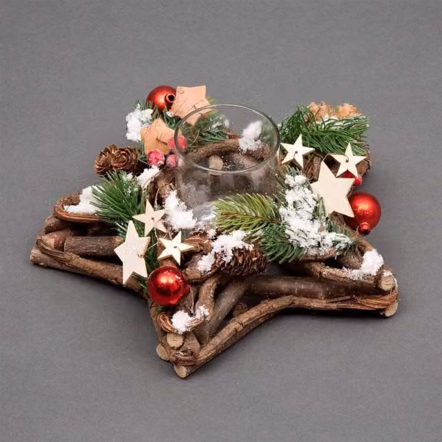 Shatchi Star Shape Wooden Candle Holder Tabletop Centrepiece with Red and Silver Baubles, Berries and Cones – 1