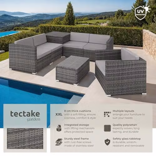 tectake Grey Rattan L-Shape Garden Lounge Set with Upholstered Cushions, Coffee Table and Matching Ottoman – 2