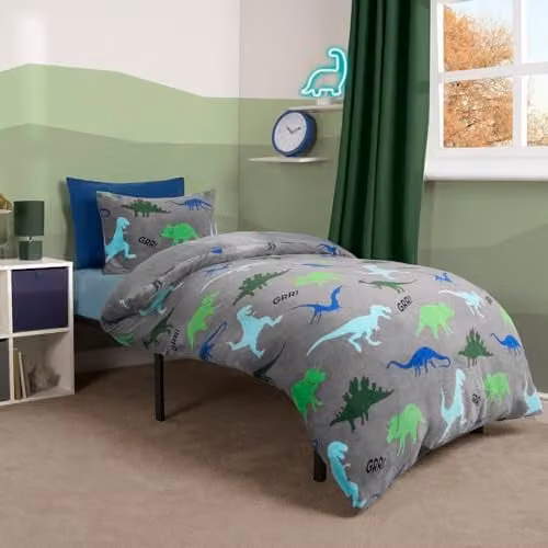 OHS Dinosaur Kids Teddy Fleece Duvet Cover and Pillowcase Set, Grey and Multicolour, Duvet Cover W/H: 160 x 70 cm, Pillowcase W/H: 60 x 40 cm