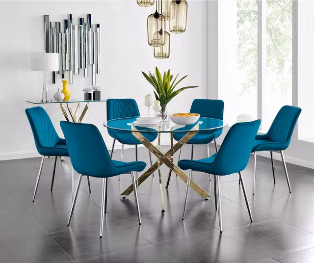 FurnitureboxUK Novara Gold Round Glass Dining Table and Six Pesaro Silver Leg Blue Chairs