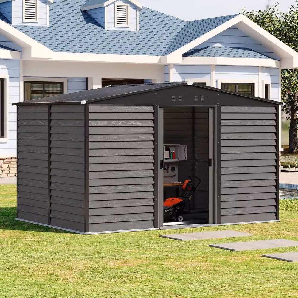 NESTLUNE Metal Apex Roof Garden Shed in Grey, W: 365.8 cm, D: 243.8 cm, H: 220 cm – 1