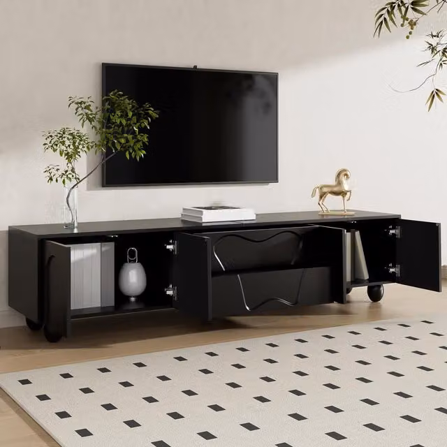 Aosom Minimalist Black TV Cabinet with Solid Wood Legs, Curved Doors, Drawers and Shelves, W: 180 cm, D: 40 cm, H: 42 cm