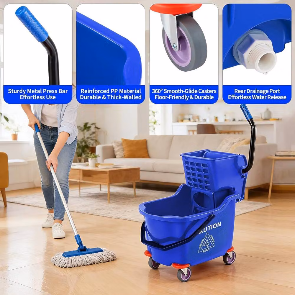 London Boutique 32L Commercial Mop Bucket with Side Press Wringer in Blue – 4