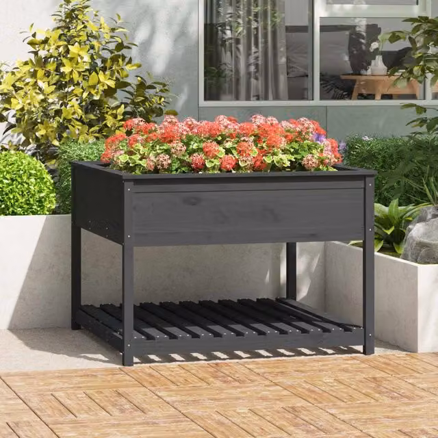Berkfield Grey Solid Wood Pine Planter with Shelf W: 111.5 cm, D: 111.5 cm, H: 81 cm – 1