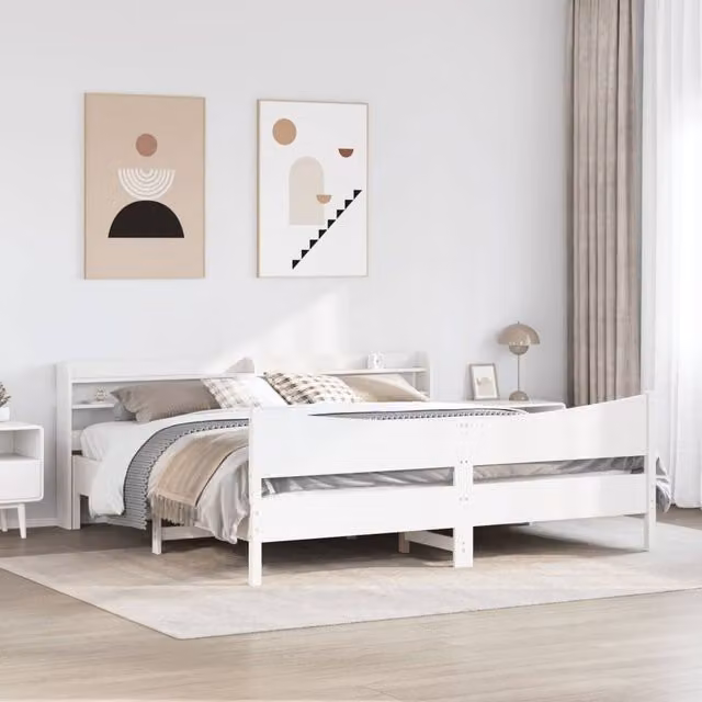 Berkfield Home Sleek Super King Bed Frame with Headboard and Side Compartments, White, W/D/H: 180 x 200 x 82 cm