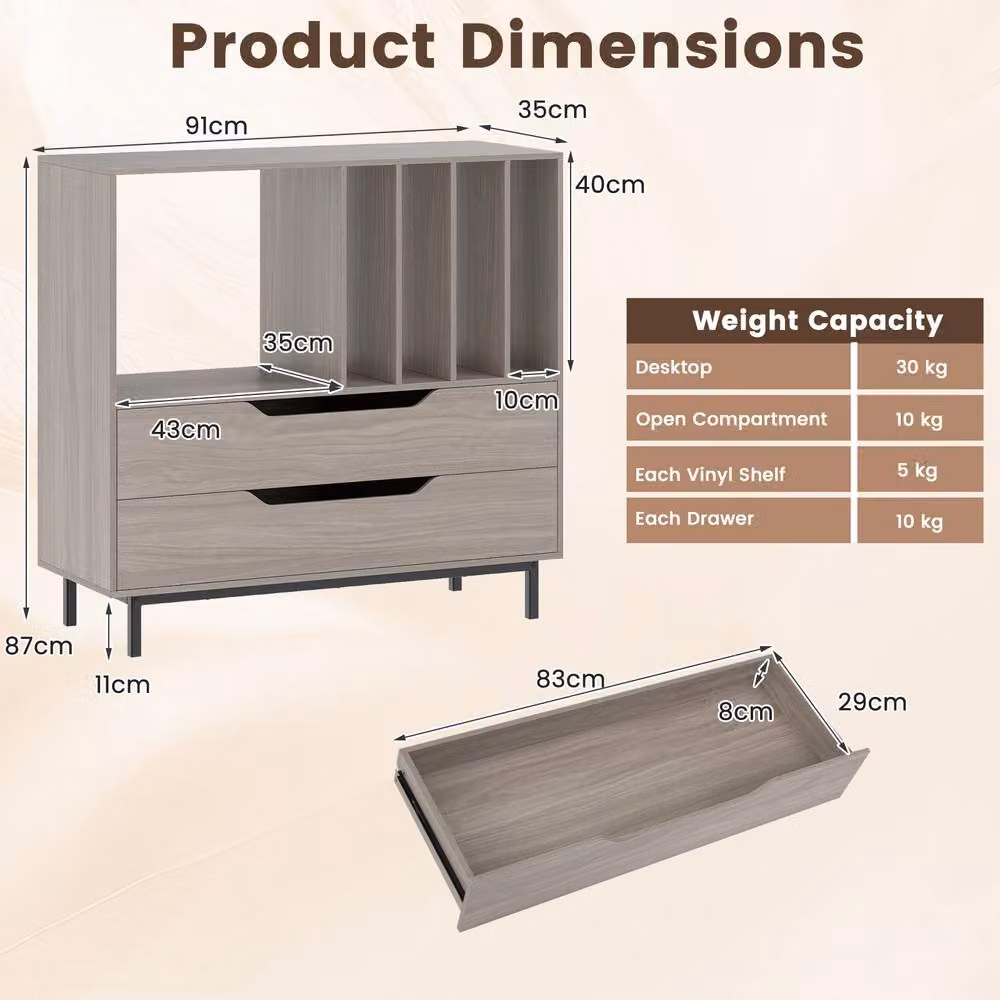 Costway Mid Century Record Player Stand with Media Compartments in Grey – 2
