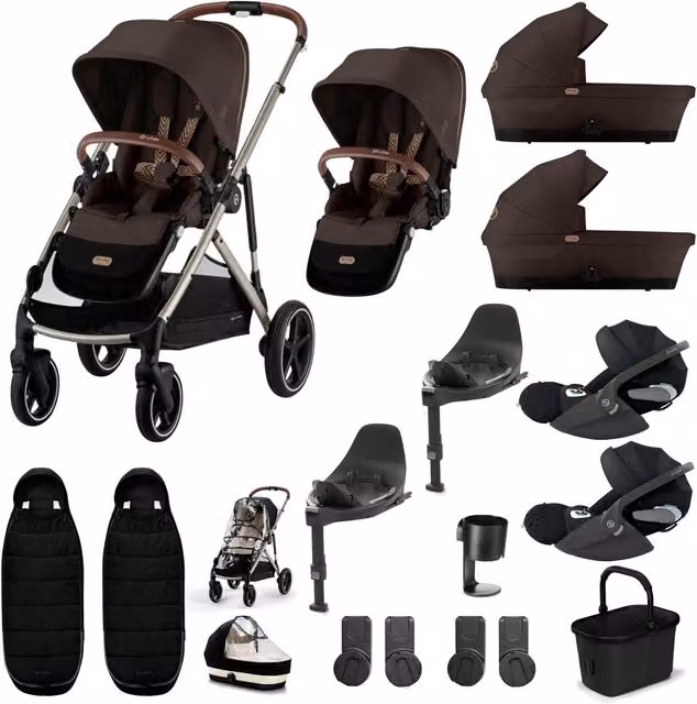 Cybex Gazelle S Twin Pushchair Bundle with Cloud T i-Size Rotating Baby Car Seat, Isofix Base and Carrycot, 16 Pieces, Chocolate Brown