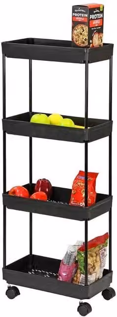 KORVIXA 4 Tier Slim Slide Out Kitchen Trolley Rack in Black, Height: 102 cm, Width: 90 cm