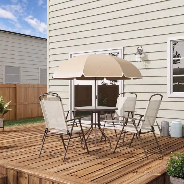 Outsunny Modern Garden Bistro Set with Round Glass Table, Chairs and Parasol in Beige and Brown