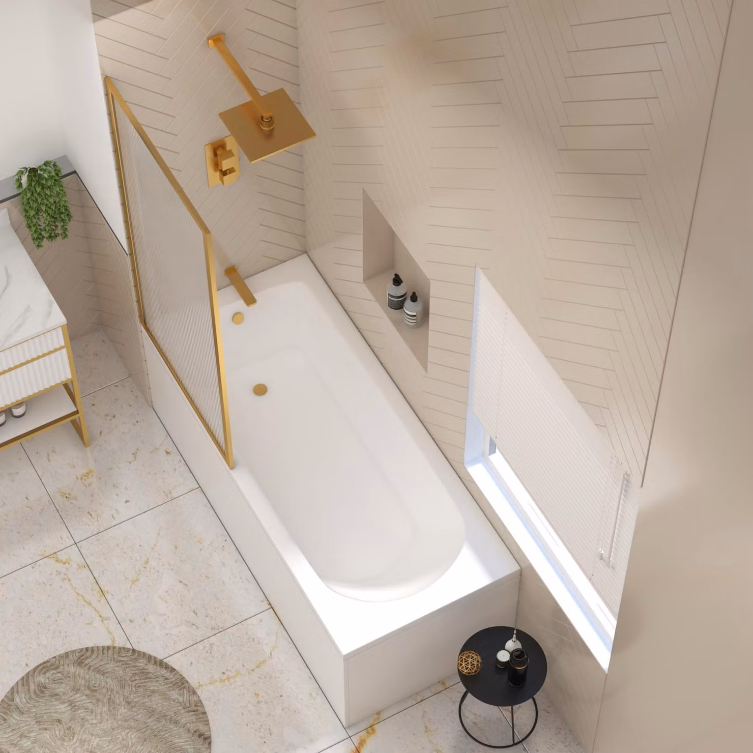 Royal Bathrooms Breeze Round Single Ended Shower Bath in White with Brushed Brass Framed Fluted Screen, W: 1700 mm, D: 750 mm