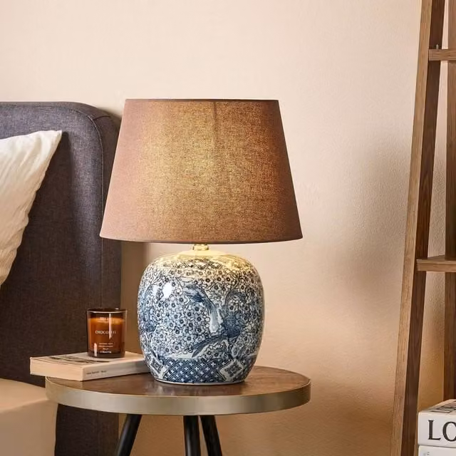 Wyld and Coco Bluehaven Blue and White Porcelain Bedside Lamp with Brown Linen Shade, Height: 53 cm
