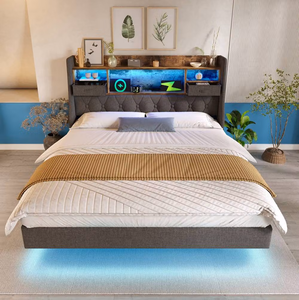 STILVORA Super King Upholstered Bed in Grey with LED Lighting, USB Charging Ports and Storage Drawers, W/D/H: 200 x 181 x 180 cm – 2