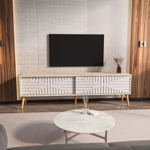 Decorotika Riso Modern TV Unit in White and Oak, W/D/H: 180 x 35 x 54 cm
