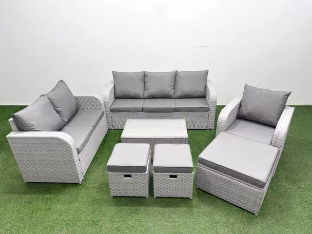 Fimous Patio 9 Seater Grey Rattan Outdoor Furniture Set with Coffee Table, 3 Seater Sofa, Loveseat, Reclining Chairs and Ottoman