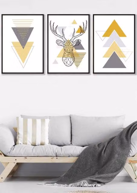 ARTZE Geometric Line Art Yellow Stag Head Framed Wall Art in Black, Yellow and Grey, W: 53 cm, H: 73 cm, D: 0.2 cm