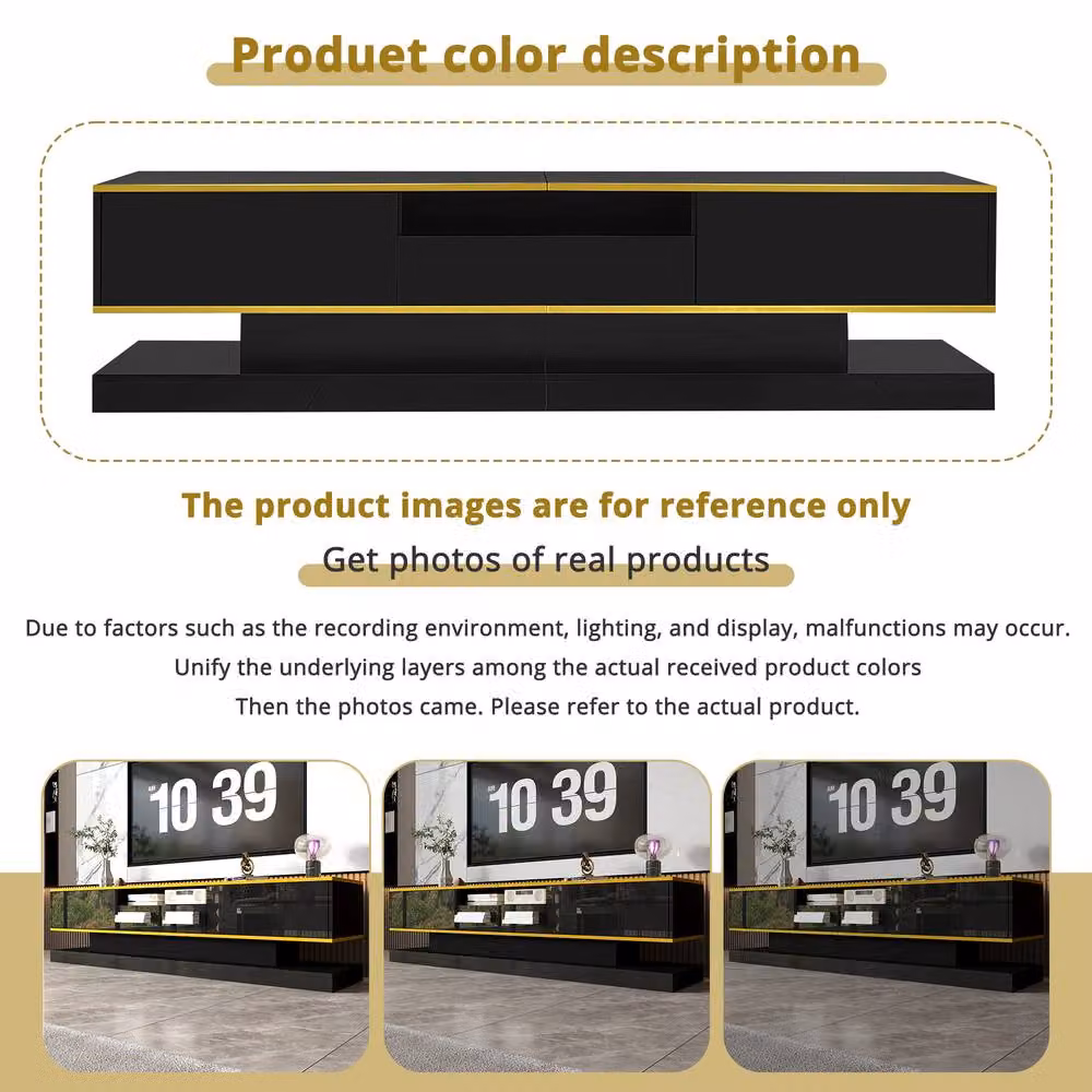 Merax Modern High Gloss TV Cabinet in Black and Gold with Integrated LED Lighting and 3 Drawers, W: 180 cm, D: 45 cm, H: 180 cm – 3