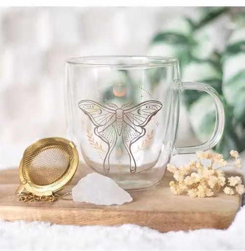 KDMD Luna Moth Double Walled Glass Mug with Crystal Tea Infuser in Clear