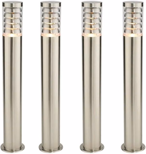 Loops 4 Pack Outdoor Garden Bollard Lights in Silver Brushed Stainless Steel, Height: 80 cm, IP44 Rated LED Lamp Posts