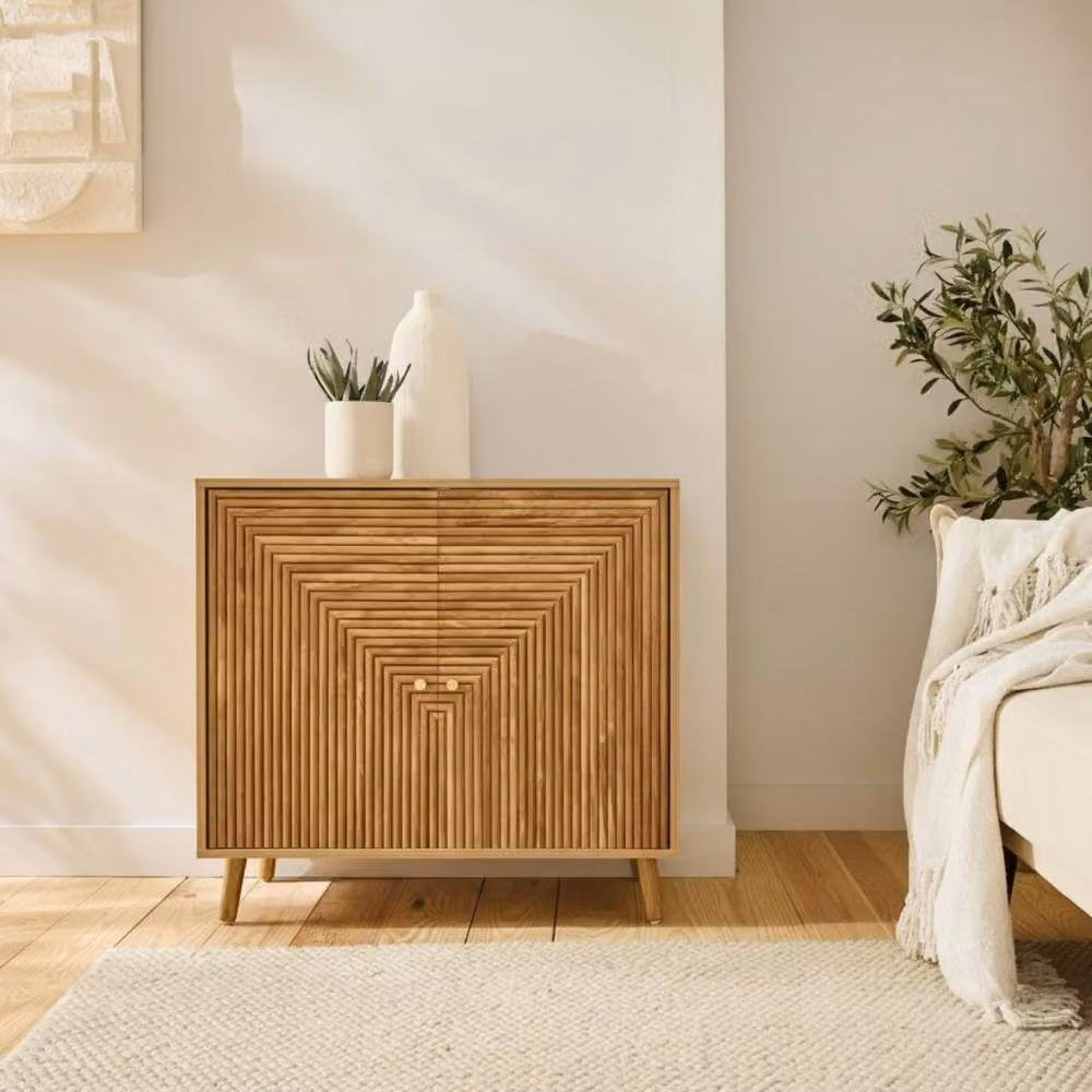 CALICOSY EDEN 2-Door Sideboard with Slatted Fronts in Light Brown and Gold – 2