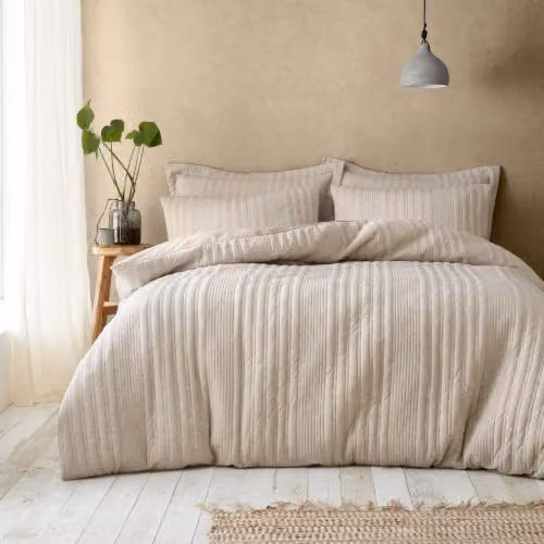Pineapple Elephant Tamba Jersey Stripe Quilted Single Duvet Cover and Pillowcase Set in Sand/Beige, W/H: 135 x 200 cm, Pillowcase: 50 x 75 cm – 1