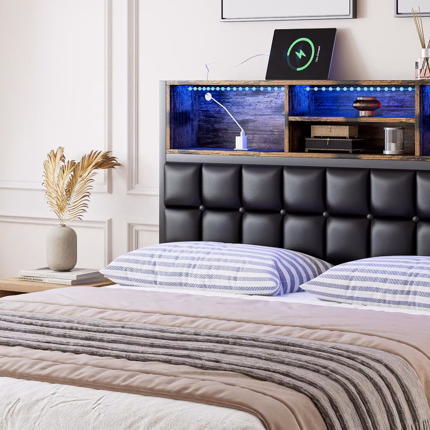 Aosom UK Double Hydraulic Storage Bed with USB Charging Sockets and LED Under-Bed Lighting, Black and Neutral, L: 208 cm, W: 141 cm, H: 107 cm – 6