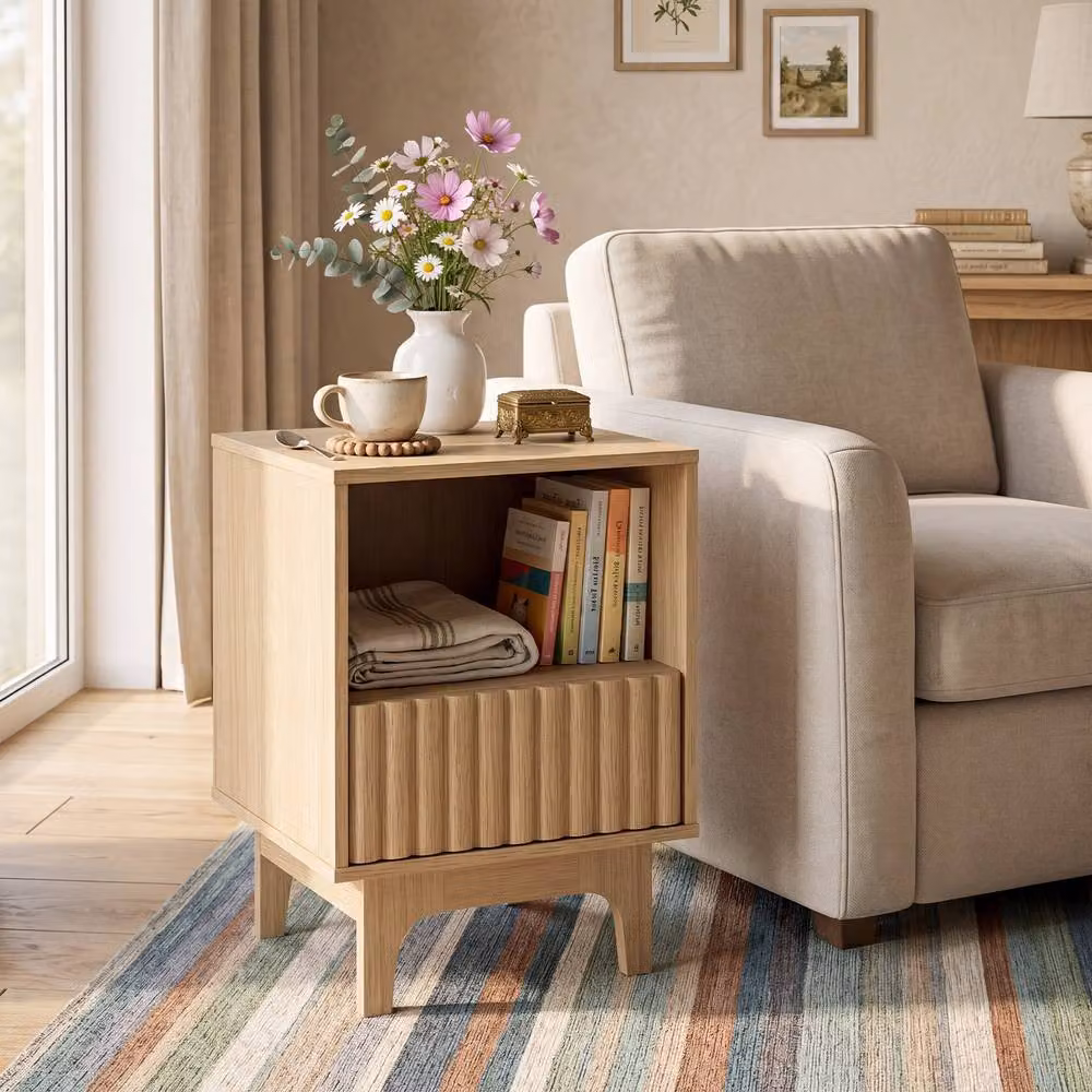 Gymax Mid Century Fluted Bedside Table in Sand – 7